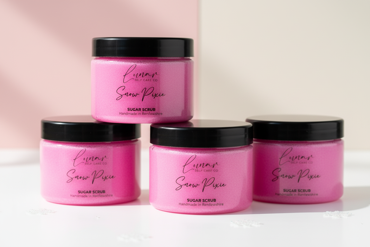 Handmade vegan sugar scrub jar with fine sugar crystals on pastel background - Snow Pixie scent by Lunar Self-Care Co.