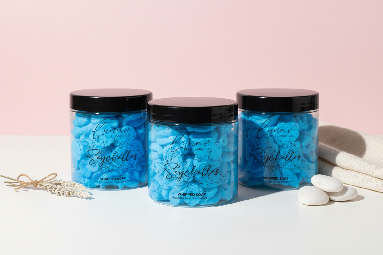 Handmade vegan whipped soap jars with cloud-like piped texture on pastel background - Seychelles scent by Lunar Self-Care Co.