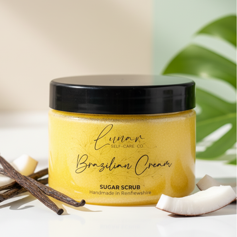 Jar of 'Lunar Self-Care Co.' Brazilian Cream Sugar Scrub with vanilla beans and coconut on a light background