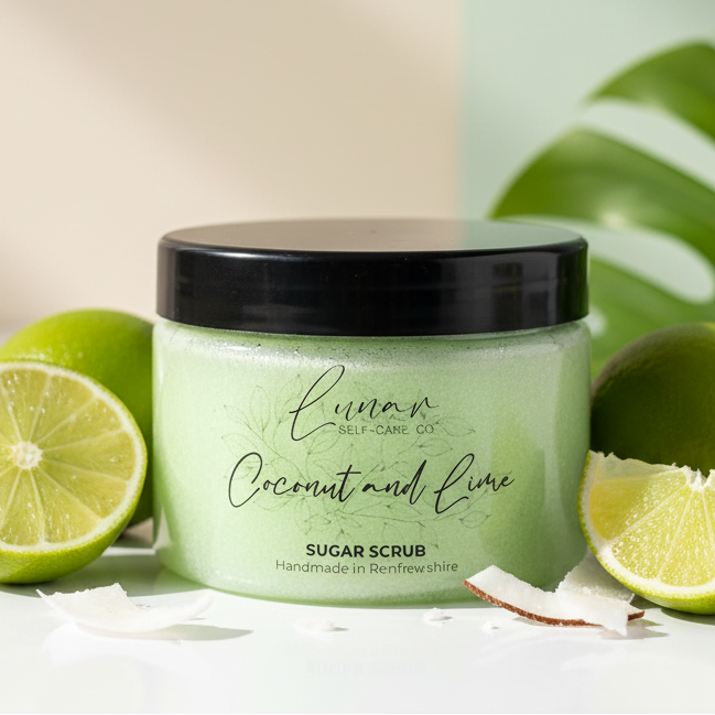 Jar of coconut and lime sugar scrub with limes and coconut pieces on a light background