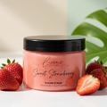 Jar of Sweet Strawberry sugar scrub with strawberries on a light background