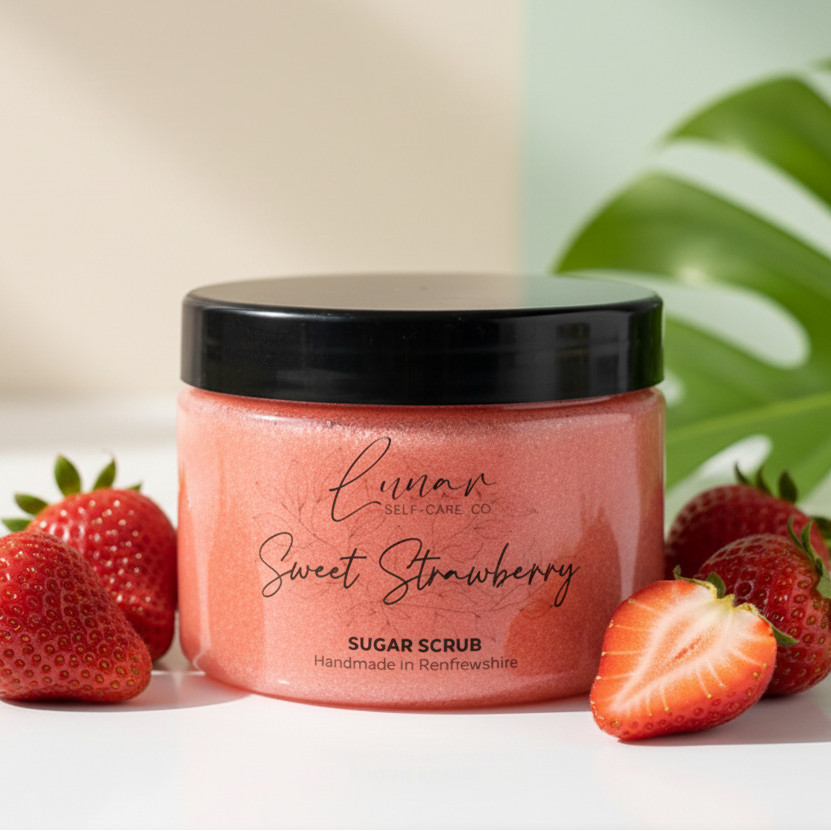 Jar of Sweet Strawberry sugar scrub with strawberries on a light background