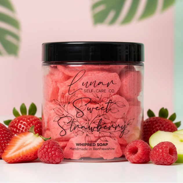 Jar of red 'Sweet Strawberry' whipped soap with strawberries and raspberries on a light background